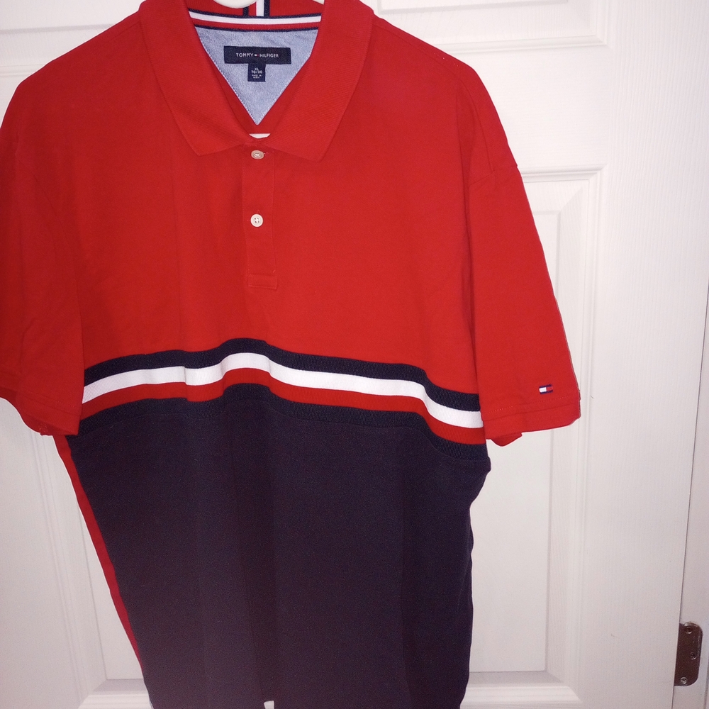 Tommy Hilfiger Red and Navy Men's Polo Shirt